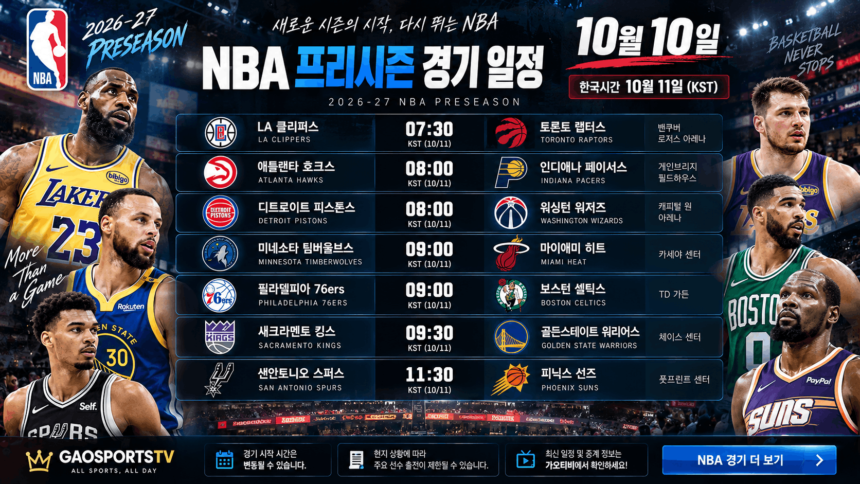 네온 아레나 NBA 프리시즌 일정