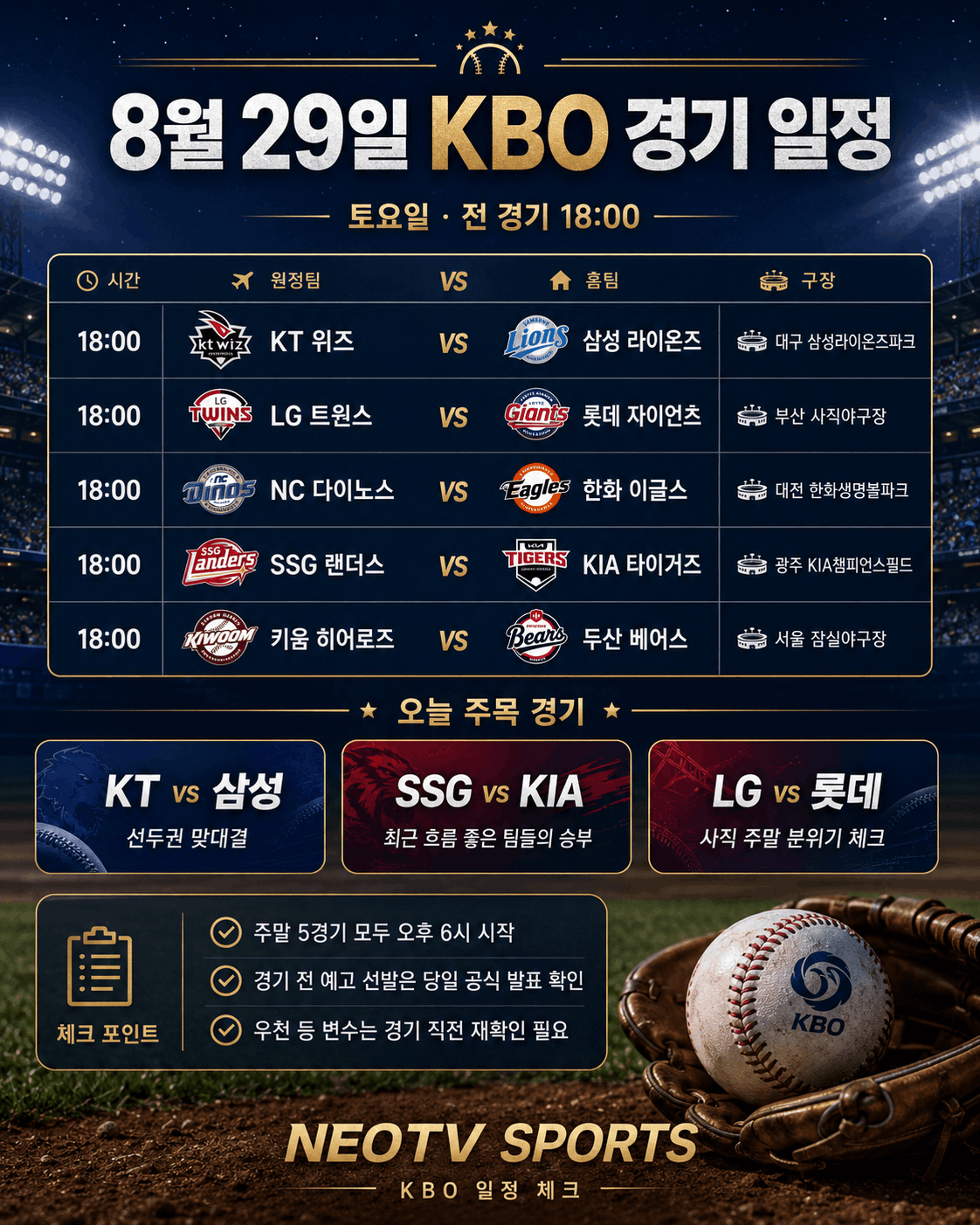 8월 29일 KBO 경기 일정