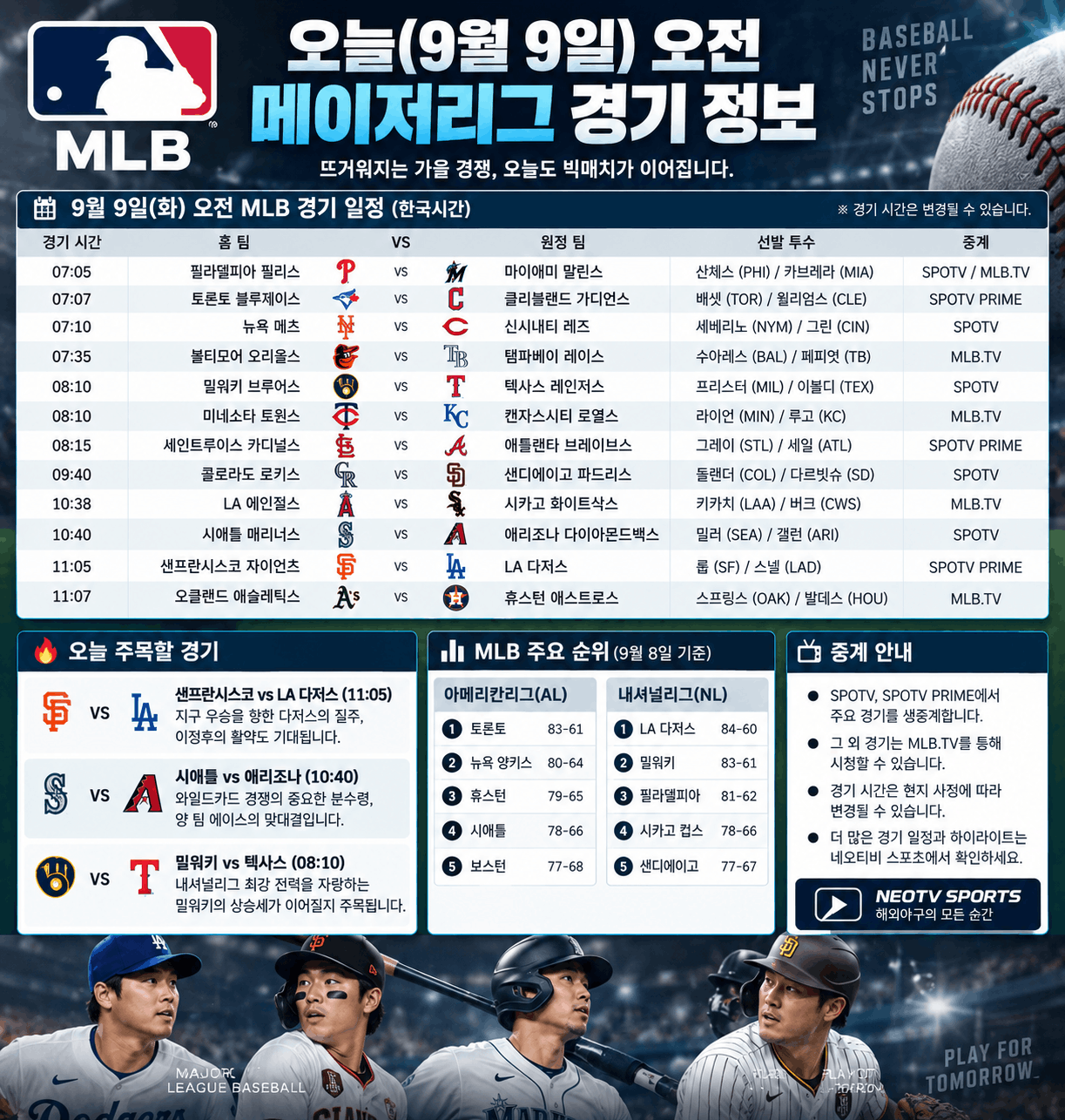 9월 9일 MLB 경기 정보